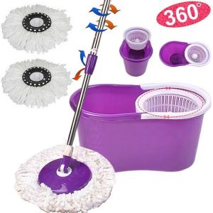 Balai Rotatif Balais Serpillère Rotatif 360° avec 2 Têtes de Vadrouille +Seau+Manche Hauteur Réglable (Violet)