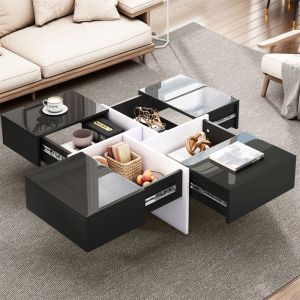Table Basse Salon avec Rangement - Petite Table Basse Noir Extensible - Scandinave - Carrée Brillante - 4 Tiroirs - 70×70×35cm