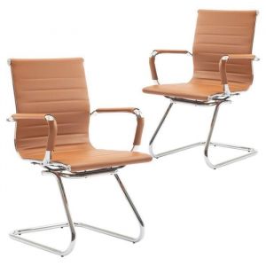 WAHSON Chaise de Bureau Lot de 2 Chaise de R&eacute;ception Ergonomique Fauteuil de Bureau avec Accoudoir pour R&eacute;union Cuir PU Marron