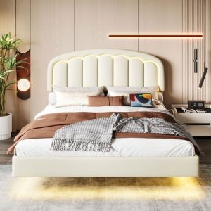 Lit Double Capitonné 140x200 - 2 Personnes - Tête de Lit Pétale Éclairage LED Réglable & Design Moderne Cuir PU Blanc