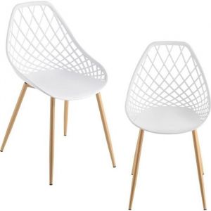 Set de 2 Chaises Designs Chaise de Salle à Manger Siège en Plastique Pieds en Métal Effet Hêtre Couleur Blanche et Effet Hêtre 83