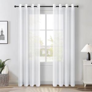 Rideau Voilage Blanc 140x240cm TOPFINEL 2 Panneaux  Effet Lin Rideaux Transparent à Oeillet Décoratif pour Salon Chambre Balcon