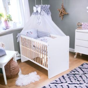 Kmbaby Lit Bébé 120 x 60 cm avec parure de lit 10 pièces gris matelas sommier à lattes 3 niveaux hauteur - Bois Souris