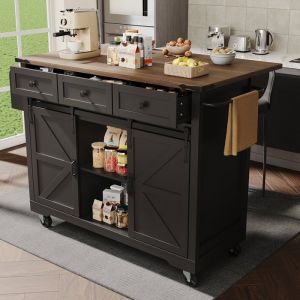 Desserte de cuisine à roulettes 140x45-73x94cm Îlot de cuisine avec plan de travail extensible 3 tiroirs 2 portes coulissantes