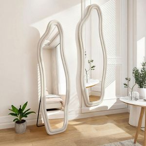 Miroir complet - Grand miroir sur pied Irr&eacute;gulier - 160 x 50 cm - Miroir mural - Miroir de sol pour salon dressing - velours blanc