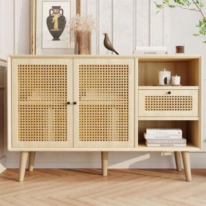 Buffet bas - Chêne - 120x40x80 cm - Pieds en bois massif - Poignées en métal noir - Étagère réglable
