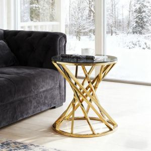 AINPECCA - Table Basse ou dAppoint Ronde Verre Tremp&eacute; Pied M&eacute;tal Motif Torsad&eacute; Dor&eacute; - Moderne pour Salon