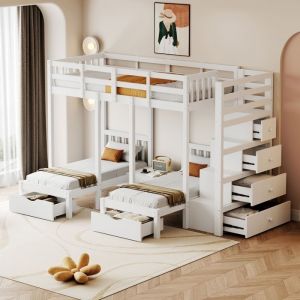 Lit superposé 3 places enfant 90x200cm Lit triple Lit simple bois avec Table de chevet Tiroirs Échelle de rangement - blanc