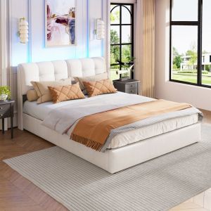 Lit Coffre 140x200 avec LED Lit Rembourré en Velours Cadre de lit avec Rangement Lit Double Lit Capitonné Lit Adulte Blanc cassé