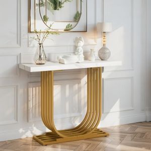 Table console moderne 100×30×80 cm table dappoint pieds géométriques en métal convient pour salon couloir entrée blanc / or