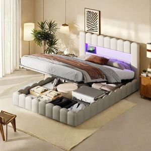 lit capitonne coffre 180x200 beige lit t&ecirc;te de lit espace rangement avec chargement USB cadre de lit 2 personnes lit coffre led