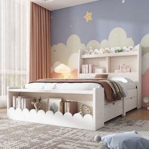 Lit avec rangement enfant Lit combiné 90 x 190 cm avec tiroirs étagère et banc de rangement Blanc + Chêne clair