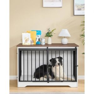 Cage pour Chien 100 cm Meuble Cage Chien Cage Chien Interieur avec Porte coulissante 2 Portes 60 x 100 x 68 cm Blanc et Marron