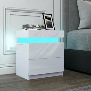 Table de chevet DOMICILE - LED blanc brillant - 45 x 35 x 52 cm - 2 tiroirs