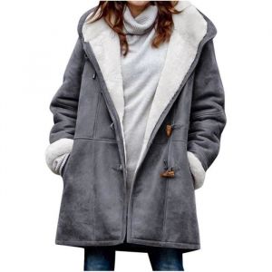 Manteau en laine femme hiver chaud avec capuche - Gris - Grande taille - Manches longues