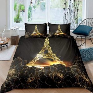 Tour Eiffel Housse de Couette Paris Housse de Couette Fleur Dor&eacute;e Ensemble de Literie Tropical Floral Housse de Couette 220x240cm