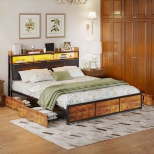 Lit adulte 180x200 cm avec LED Structure de lit en m&eacute;tal et en bois 4 tiroirs Tissu en Similicuir Noir