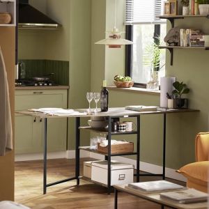 SoBuy FWT62-N Table Pliante avec 2 Abattants et 3 étagères de Rangement Table de Cuisine Rabattable Table de Salle à Manger
