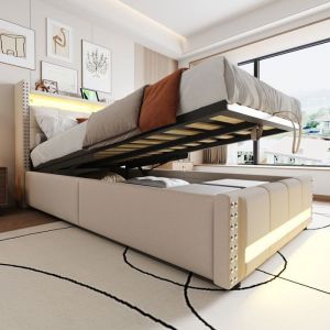 lit coffre enfants 90x200 &eacute;clairage LEDLit capitonn&eacute;ports USBLevage hydrauliqueT&ecirc;te lit avec &eacute;tag&egrave;res espace rangement