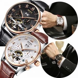 Marron Nouveau Cuir Kinyued Automatique Mécanique Montres Hommes Marque De Luxe Acier Rose Or Squelette Tourbillon Hommes Montre