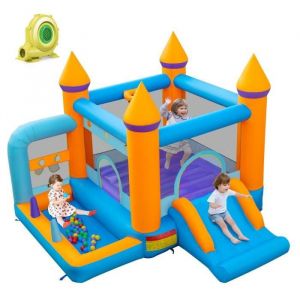 Château Gonflable 5-en-1 pour Enfants DREAMADE avec Toboggan, Piscine à Balles et Jeux de lancer d'anneaux