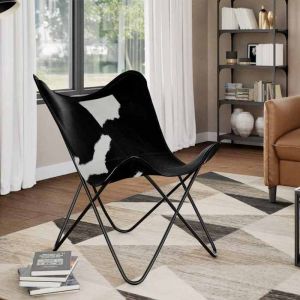 vidaXL Chaise papillon noir et blanc cuir de vache fauteuil chaise longue chaise papillon en cuir fauteuils chaises 243729