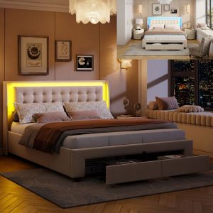 Lit coffre 140x190 cm 2 tiroir lit 140x190 cm avec sommier à lattes tissu en Velours beige