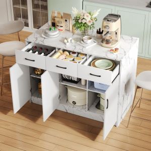 Buffet bas 120x60x90.5 cm avec 3 tiroirs et 3 portes Buffet de cuisine avec &eacute;tag&egrave;res r&eacute;glables Buffet salle a manger en blanc