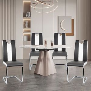 Chaise tapiss&eacute;e -Noir et blanc- Chaise de salle &agrave; manger Bow 39.5*49*98.5 CM-dossier &agrave; trou unique-cuir PU-confortable-XJING
