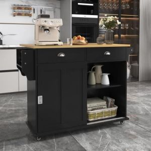 Desserte à Roulettes Cuisine rangement en bois multifonctionnelle avec plan de travail -avec tiroir-L112 x P40(70) x H94 cm-Noir