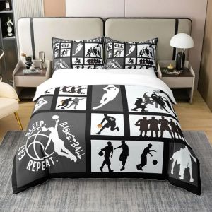 Décor de Basket Housse de Couette 200x200cmMicrofibre Jeu de Chambre Sport literie Jeu de Balle Parure de lit avec taie doreiller