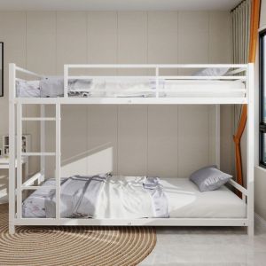 Lit superpos&eacute; 90x190cm lit mezzanine avec &eacute;chelle et garde-corps lit enfant lit simple avec sommier &agrave; lattes m&eacute;tal blanc