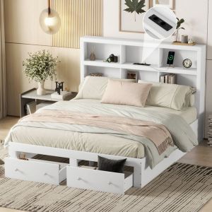 Lit double 160*200cm aggloméré lit plateforme king-size avec deux tiroirs au pied du lit tête de lit avec rangement blanc