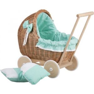 Landau-poussette pour poupée en osierpoignée et roues en bois avec tissu de couleur blanche et menthe