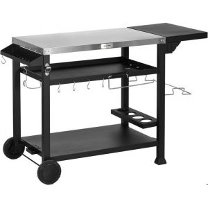 Chariot Desserte pour Barbecue Plancha avec Plateau en Inox 3 étages 6 Crochets Tablette Rabattable 2 roulettes