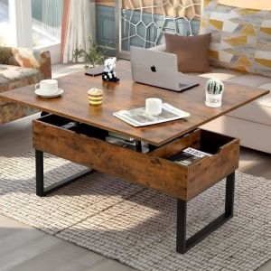 Table Basse Relevable - VOWNER - Table Basse Convertible Manger de Salon Marron Vintage - Salon - Rectangulaire - Vintage