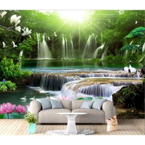 Papier Peint Panoramique Murales Soleil Forêt Cascade Paysage Naturel 350x245cm Intissé Soie Poster Geant Mural Salon Chambre