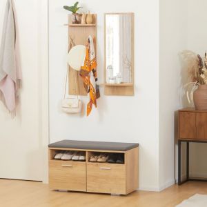 Ensemble de meuble dentr&eacute;e vestiaire dentr&eacute;e 1 miroir avec &eacute;tag&egrave;re 1 porte-manteau avec &eacute;tag&egrave;re 1 banc &agrave; chaussures