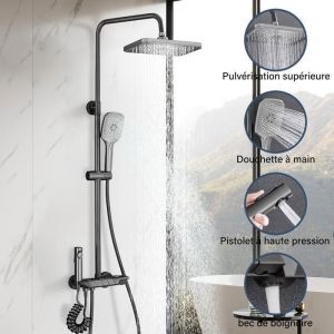 Colonne de Douche Inox Ensemble de Douche R&eacute;glable 70-110CM avec pommeau de douche en ABS 27x18cmColonne Douche 4 Modes Gris fonc&eacute;