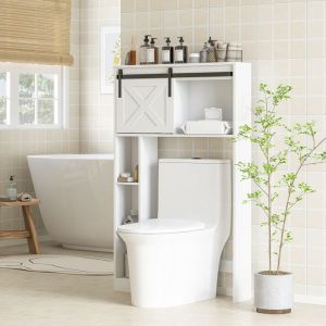 Meuble de rangement au-dessus des toilettes avec porte coulissante Meuble &eacute;tag&egrave;re dessus WC &eacute;tag&egrave;re r&eacute;glable blanc