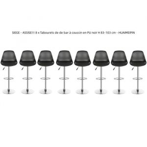 Lot de 8 Tabourets de bar r&eacute;glables en hauteur en PU noir - HUAIMEIPIN