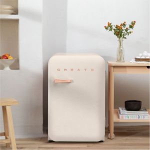 R&eacute;frig&eacute;rateur r&eacute;tro - Create - 107L - Esth&eacute;tique ann&eacute;es 50 - Blanc cass&eacute; - Or rose