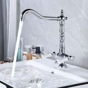 SNOGOLD Robinet Antique Cuisine Robinet d&eacute;vier Rotatif &agrave; 360&deg; Mitigeur M&eacute;langeur en Laiton avec Robinet &agrave; Deux Poign&eacute;es Argent