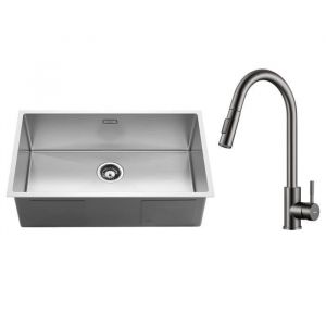 Évier 1 Bac 74x44x20 CM Évier sous plan en Acier Inox avec Robinet Cuisine Gris de Douchette extractible Ensemble de drainage