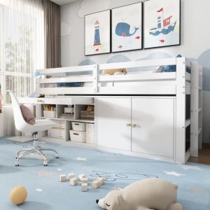 Lit enfant 90X200 avec escalier et rangements multifonctionnel en boisescalier/placard interchangeables à gauche et à droiteblanc