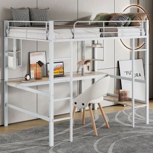 Lit mezzanine 90x200 cm avec bureau lit mezzanine ado avec 4 étagères et bibliothèque cadre de lit en fer blanc