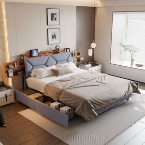 Lit adulte 140x200 cmLit Rembourré 3 ports USB et Type C4 tiroir 2 niveaux de rangement dissimulécadre de lit avec Sommiergris