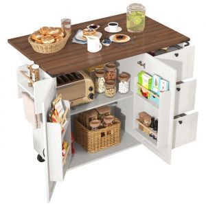 Îlot de Cuisine avec Plan de Travail Extensible Chariot à Manger avec 3 Tiroirs et 2 Portes Desserte sur Roulettes Blanc