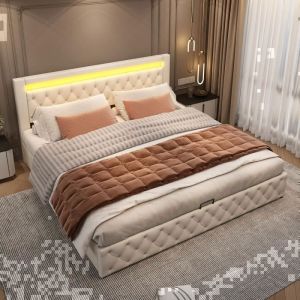 Lit capitonné en Pu avec LED 180 X 200 cm sommier À lattes et rangements blanc