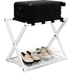 GOPLUS Porte-Bagages Pliant en Métal Support Valise avec 2 Étages & 4 Sangles pour Chambre Hôtel 68x43x56CM Blanc (1 PC)